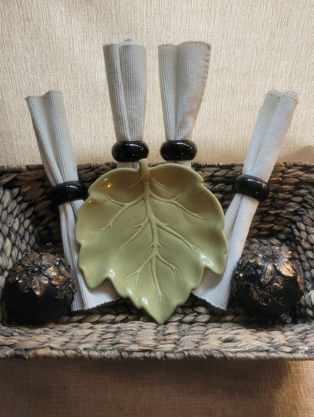 Curated Autumn Tablescape Collection | Olive Leaf Dish, Black Napkin Rings, Fall